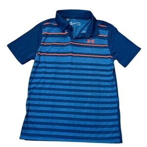 Under Armour Boys Polo Shirt Blue Orange Striped Short Sleeve HeatGear Y LG